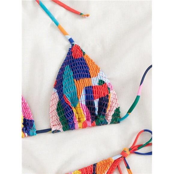 Swim Summer Beach Color Block Smocked Halter Triangle Bikini Set - Picture 5 of 5